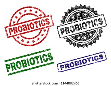 PROBIOTICS seal prints with corroded texture. Black, green,red,blue vector rubber prints of PROBIOTICS caption with corroded texture. Rubber seals with circle, rectangle, rosette shapes.