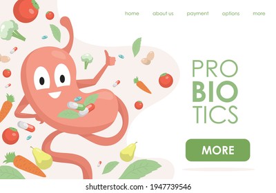 Probiotics vector flat landing page template with text space. Happy stomach showing thumbs up. Pills with vitamins, supplements and minerals, fruits, and vegetables. Benefits of probiotics for health.