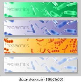 Probiotics Vector Horizontal Web Banner Template Set With Good Or Friendly Bacteria And Microorganisms For Humans. Probiotic Strains Of Bacteria For Improving And Restoring The Gut Flora.