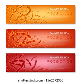 Probiotics vector horizontal web banner template set with good  bacteria and microorganisms for humans.