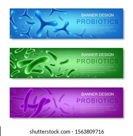 Probiotics vector horizontal web banner template set with good  bacteria and microorganisms for humans.