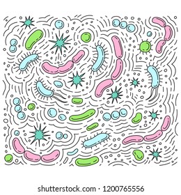 Probiotics vector illustration doodles. Drawing of bacteria. Microorganism collection .