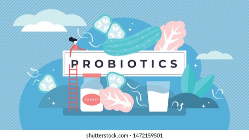 Probiotics vector illustration. Flat tiny gut flora microorganisms persons concept. Healthy food and drink cultures diet with yogurt, fermented products and sauerkraut. Abstract alternative treatment.