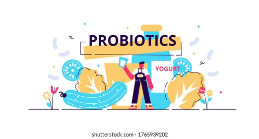 Probiotics vector illustration. Flat tiny gut flora microorganisms persons concept. Healthy food and drink cultures diet with yogurt, fermented products and sauerkraut. Abstract alternative treatment.