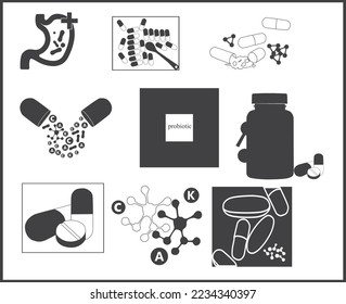 Probiotika oder Vitamine Icon Set, Medizin Icon Satz schwarz Vektorgrafik