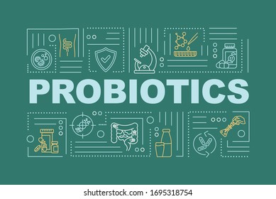 Probiotics word concepts banner. Microorganism for digestion aid. Healthy lactobacillus. Infographics with linear icons on green background. Isolated typography. Vector outline RGB color illustration