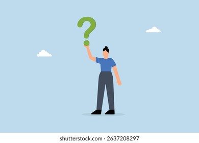 problem addressing in business. Businesswoman contemplating options while holding large question mark.	
