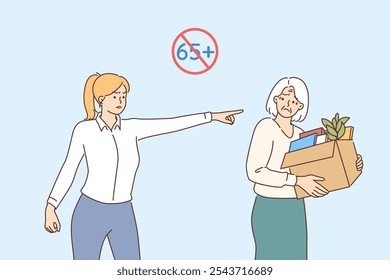 Problem of ageism and discriminatory dismissal from work due to reaching 65 years of age. Female manager kicks elderly lady out of office and engages in ageism to employ young employees.