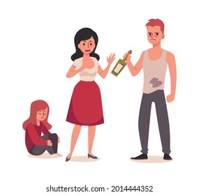 Problema de adicción al alcohol y conflicto familiar. Discutiendo y enfrentando a la pareja casada con el niño, ilustración vectorial plana aislada en el fondo blanco.