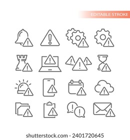 Problem alert with exclamation point icon set. Data breach, error and attention signal line icons.