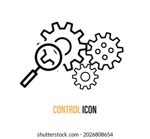 Problem analysis concept. gear and magnifying glass symbol, editable vector. isolated on white background.
