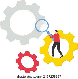 Problem analysis concept to improve process, smart businessman leader with magnifying glass to analyze gears problem. solving business problems, project management or development concept.