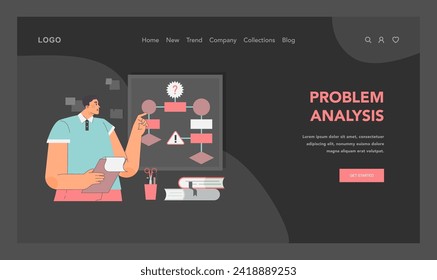 Konzept der Problemanalyse. Mann, der mit dem Finger auf einen Teil des Algorithmus zeigt. Detailorientierte Aufschlüsselung und strategische Prüfung von Themen. Kritisches Denken in Aktion. Flache Vektorgrafik
