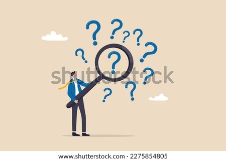 Problem analysis or problem management, analyze or investigate for root cause or incident, finding solution or discover threat or uncertain, businessman with magnifying glass analyze question marks.