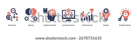 Problem Analysis and Solutions web banner icon vector illustration featuring Root Cause, Opacity, Cognitive Training, Computer Science, Achieving Goal, Solution, and Problem Solving.