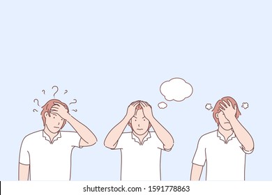 Problem awareness stages, not finding solution, negative emotions concept. Question and thoughts, brainstorming, anger and regret, man with speech bubble, boy holding hands on head. Simple flat vector