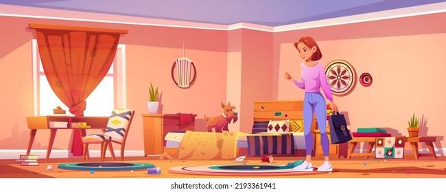 Problem Of Bad Behavior Of Naughty Pet. Guilty Dog And Angry Woman Owner In Dirty Room. Upset Girl Scolds Puppy For Mess And Chaos In Bedroom, Vector Cartoon Illustration