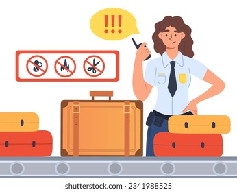 Problem in baggage concept. Young woman with strange luggage in conveyor belt. Customs officer checking passenger bags. Safety and security worker. Cartoon flat vector illustration