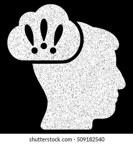 Problem Brainstorm grainy textured icon for overlay watermark stamps. Flat symbol with scratched texture. Dotted vector white ink rubber seal stamp with grunge design on a black background.