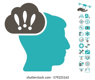 Problem Brainstorm icon with bonus aircopter tools images. Vector illustration style is flat iconic grey and cyan symbols on white background.