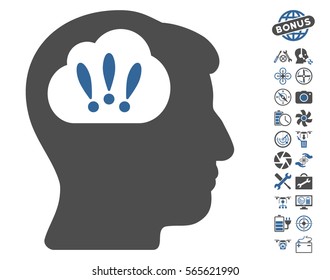 Problem Brainstorm icon with bonus airdrone tools images. Vector illustration style is flat iconic cobalt and gray symbols on white background.