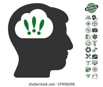 Problem Brainstorm icon with bonus drone tools symbols. Vector illustration style is flat iconic green and gray symbols on white background.