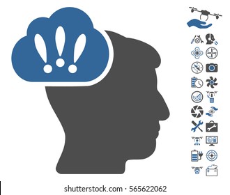 Problem Brainstorm icon with bonus flying drone service images. Vector illustration style is flat iconic cobalt and gray symbols on white background.