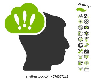 Problem Brainstorm icon with bonus flying drone tools pictograms. Vector illustration style is flat iconic eco green and gray symbols on white background.
