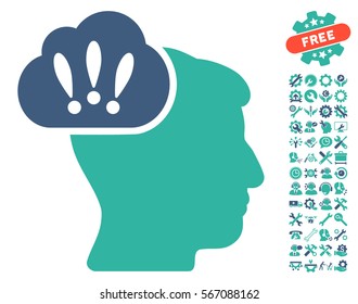 Problem Brainstorm icon with bonus settings symbols. Vector illustration style is flat iconic cobalt and cyan symbols on white background.