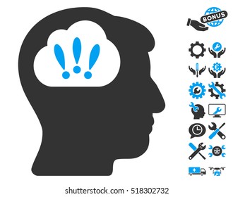 Problem Brainstorm icon with bonus tools icon set. Vector illustration style is flat iconic blue and gray symbols on white background.