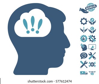 Problem Brainstorm icon with bonus tools pictures. Vector illustration style is flat iconic cyan and blue symbols on white background.