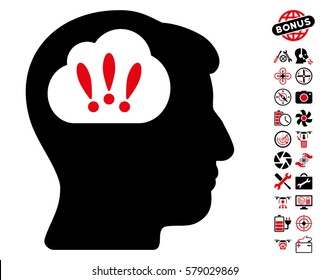 Problem Brainstorm icon with bonus uav tools images. Vector illustration style is flat iconic intensive red and black symbols on white background.