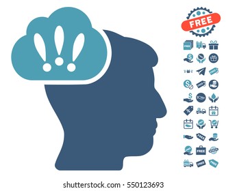 Problem Brainstorm icon with free bonus symbols. Vector illustration style is flat iconic symbols, cyan and blue colors, white background.