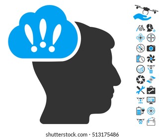 Problem Brainstorm pictograph with bonus flying drone service pictures. Vector illustration style is flat iconic blue and gray symbols on white background.