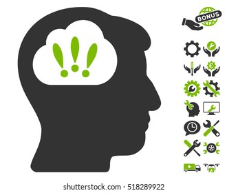 Problem Brainstorm pictograph with bonus service images. Vector illustration style is flat iconic eco green and gray symbols on white background.