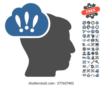 Problem Brainstorm pictograph with bonus setup tools symbols. Vector illustration style is flat iconic cobalt and gray symbols on white background.