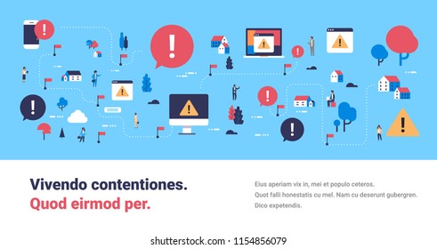 problem broken mobile computer device virus attack isometric map attention warning concept exclamation mark icon notification horizontal banner flat copy space vector illustration