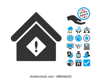 Problem Building icon with bonus clip art. Vector illustration style is flat iconic bicolor symbols, blue and gray colors, white background.