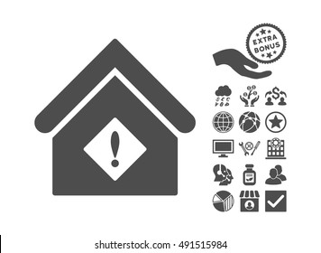 Problem Building icon with bonus design elements. Vector illustration style is flat iconic symbols, gray color, white background.