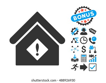 Problem Building pictograph with bonus icon set. Vector illustration style is flat iconic bicolor symbols, blue and gray colors, white background.