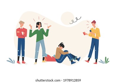 The problem of bullying, sits on the floor surrounded by people mocking him