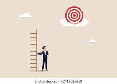 Problem business and missing goal, hopeless on unreachable target concept, hopelessness businessman with too short ladder cannot reach target.