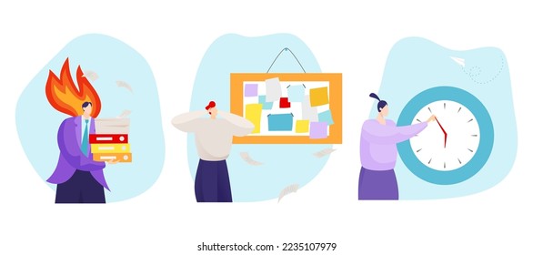 Juego de tarjetas de gestión de estrés en tiempo de trabajo problemático, la gente trabaja bajo el plazo de presión ilustración vectorial plana, aislada en blanco.