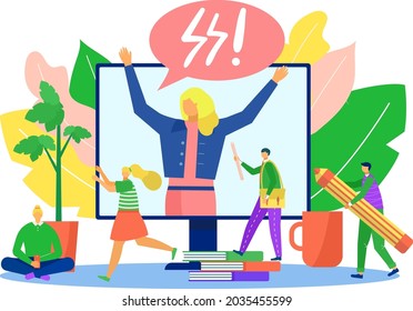 Problem in business work, vector illustration. People character stress near huge computer concept, flat woman boss angry at screen.