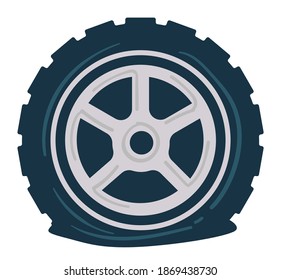 Problem with car tire, isolated icon of deflated rubber tyre and silver disk. Pressure in wheel, automotive maintenance and repairing service. Breakdown or accident on road. Vector in flat style