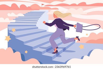 Problem of career development as businesswoman vector illustration. Cartoon woman running to climb up stairs to finish red flag, achievement and business goals progress in competition of employees