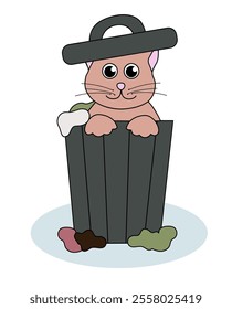 Problem with cat behavior. Kitten digs in the garbage. Cute flat illustration.