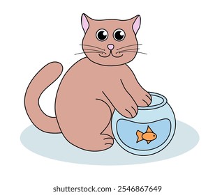 Problema com o comportamento do gato. Gatinho pesca no aquário. Ilustração plana desenhada à mão bonita.