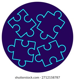 Symbol für Problem-Herausforderung Minimalistische Neonkontur auf dunkelblauem, rundem Hintergrund. Eine stilvolle Vektorgrafik von vier separaten Puzzleteilen, die komplexe Aufgaben, fragmentierte Daten symbolisieren