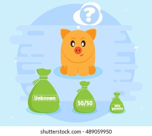 Problem of choice. Pig piggybank selects from the bags with unknown contents. Flat style, vector